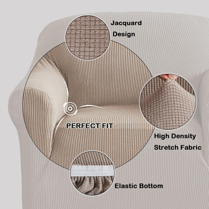 Close-up of jacquard fabric on a stretch recliner cover, showcasing texture and pet-friendly durability