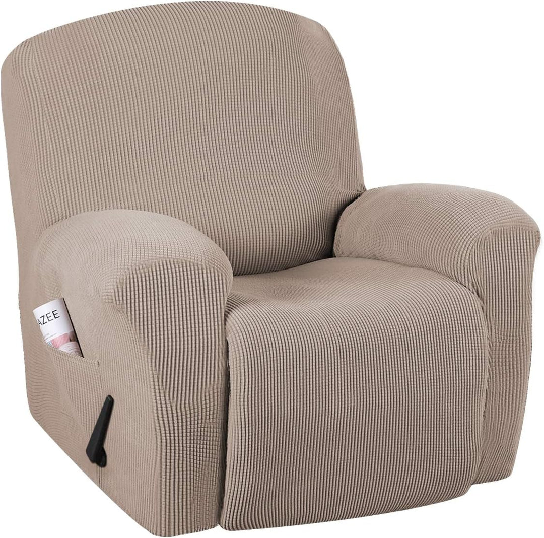 CoverFlex stretch recliner protector in brown, fits perfectly on a large recliner, easy to install