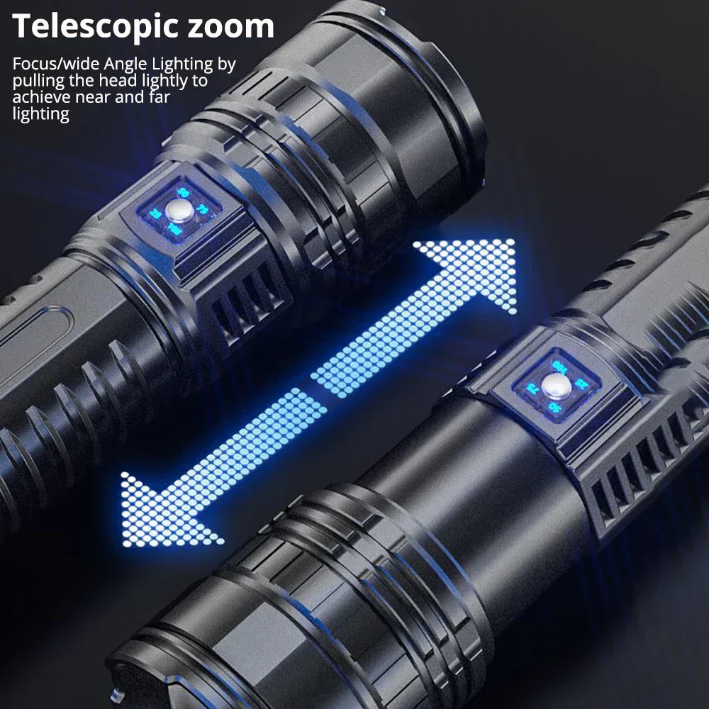 Close-up of Striker rechargeable 10000 lumen LED torch, highlighting durable design & bright beam