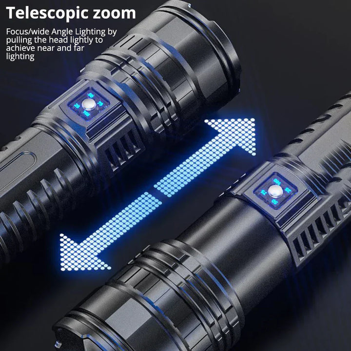 Close-up of Striker rechargeable 10000 lumen LED torch, highlighting durable design & bright beam