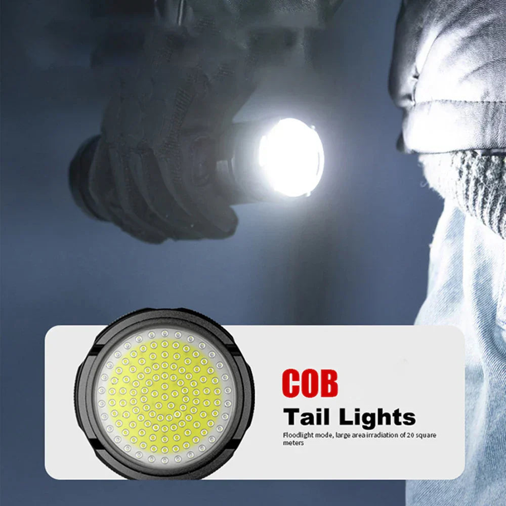 User holding Striker 10000 lumen LED torch, demonstrating compact size & strong illumination