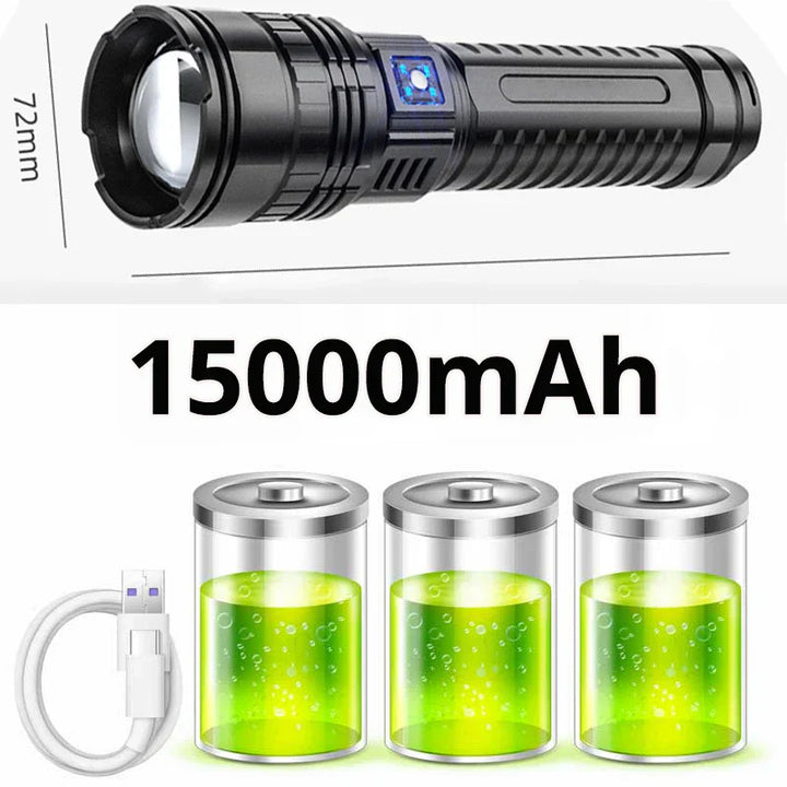 Side view of Striker 10000 lumen LED torch, showcasing USB charging port and robust construction