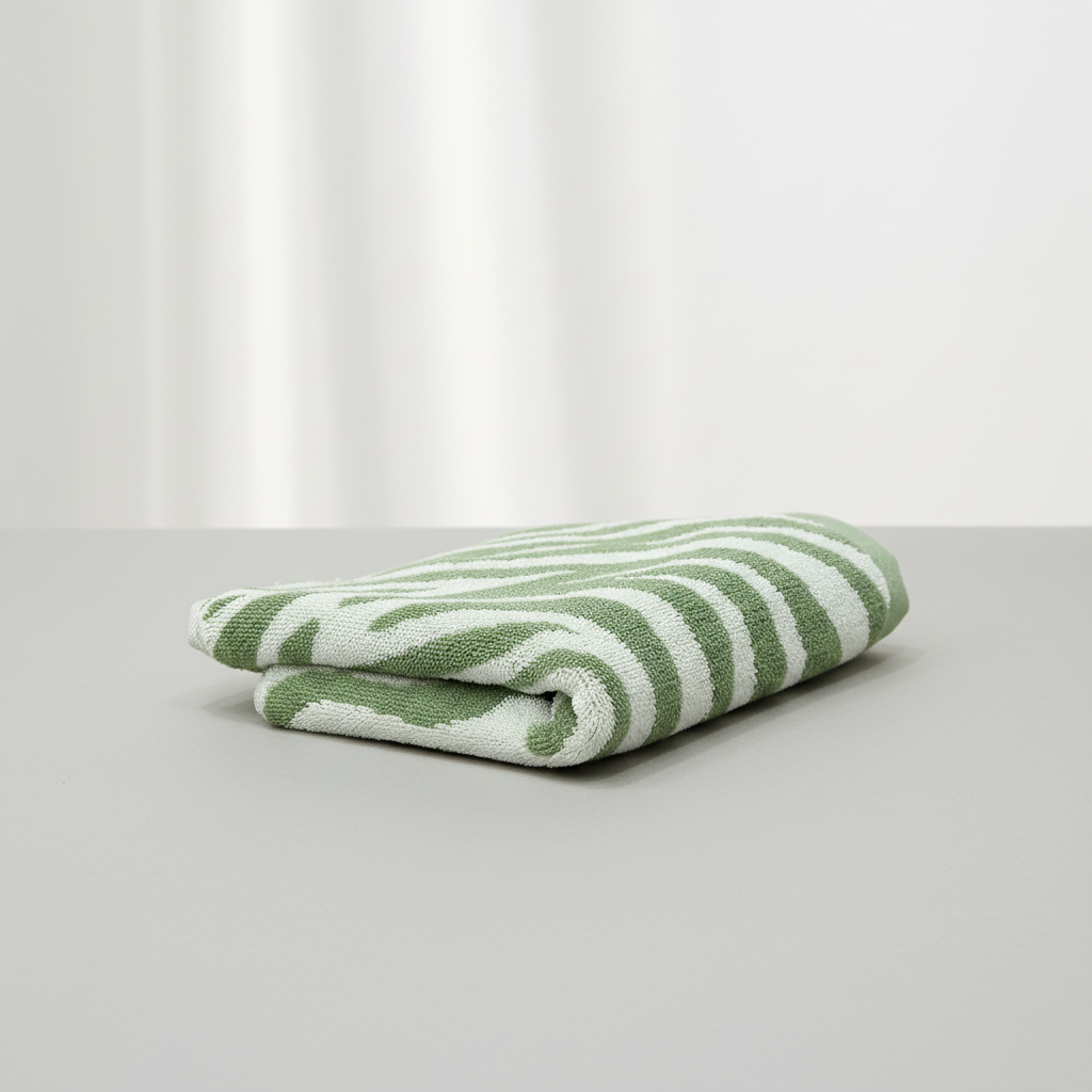 Close-up of a striped cotton hand towel, focus on texture, quick-dry, hypoallergenic