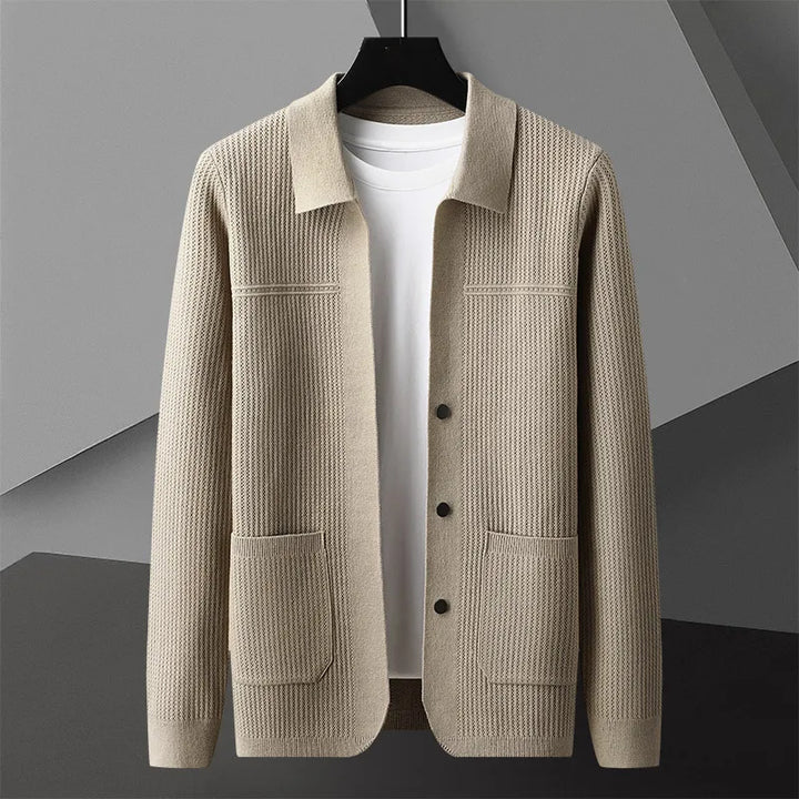 Khaki structured men's jacket. Versatile casual outerwear & smart layering piece with button-front detail.