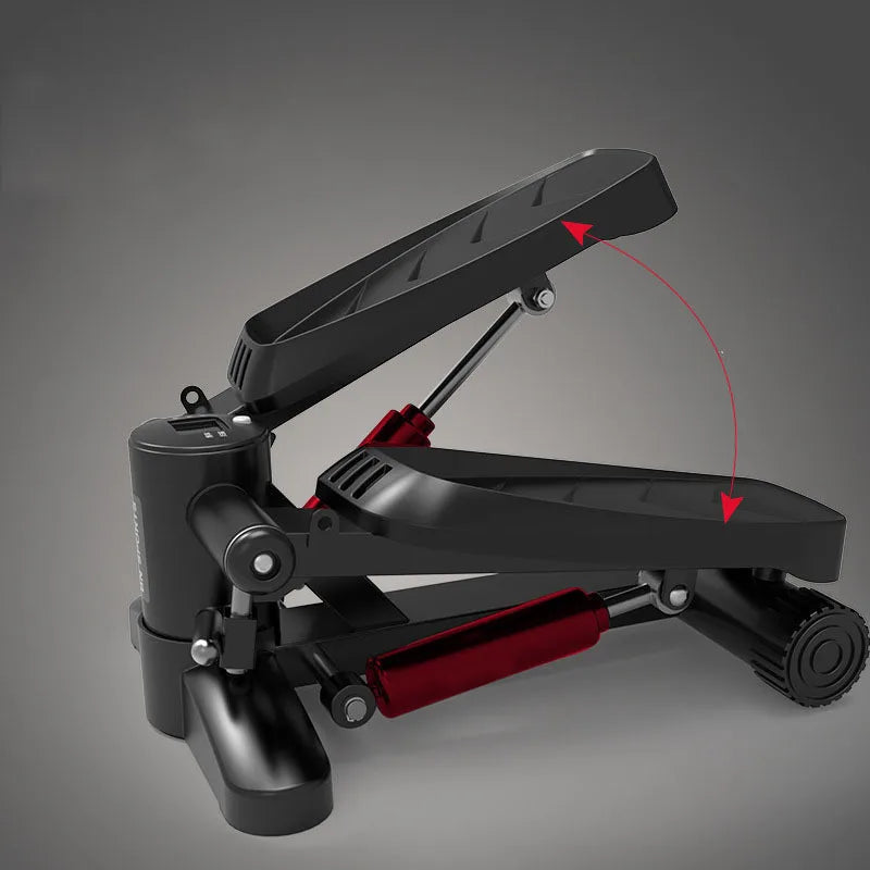 Side view of the StridePro Mini Treadmill, highlighting its titanium finish and compact fitness equipment design.