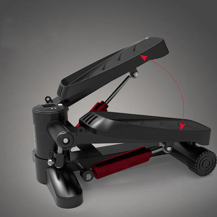 Side view of the StridePro Mini Treadmill, highlighting its titanium finish and compact fitness equipment design.