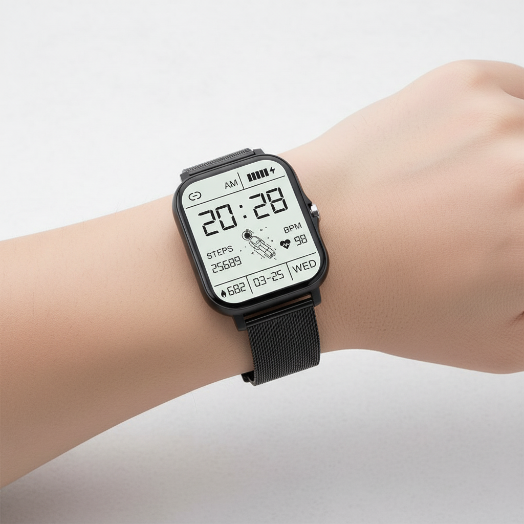 Couple wearing StyleTrack smartwatches, emphasizing unisex appeal and shared health goals.