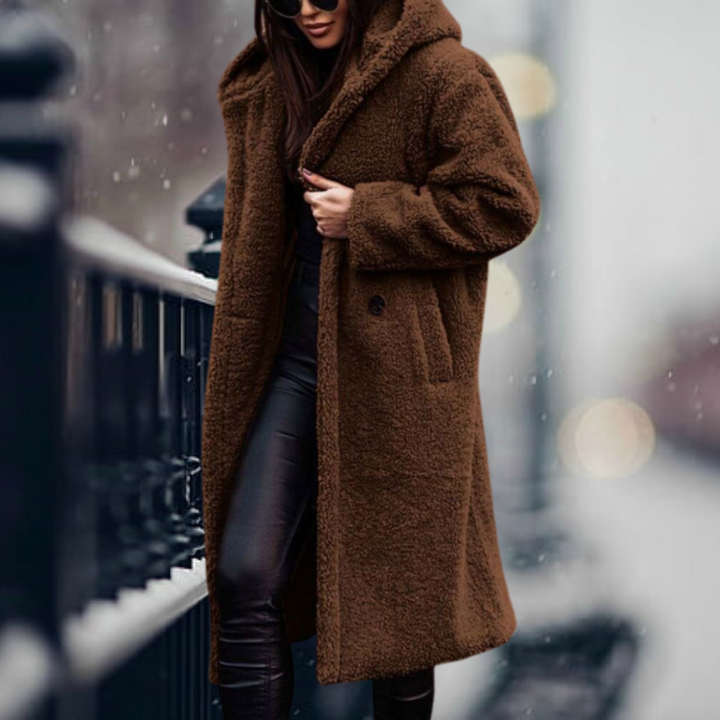 Cozy Amara women's long winter coat. Stylish & warm outerwear, ideal for fall/winter fashion & daily cold wear.