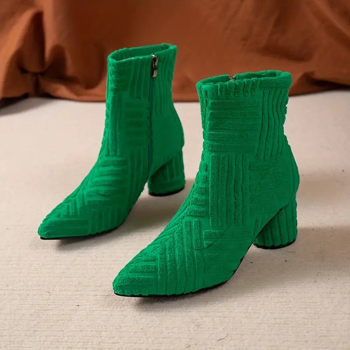 Black Selene women's ankle boots, pointed toe, block heel, zip closure, and platform sole.