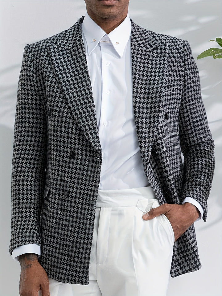 Stylish black & white checked men's blazer. Versatile fashion for smart casual or business.
