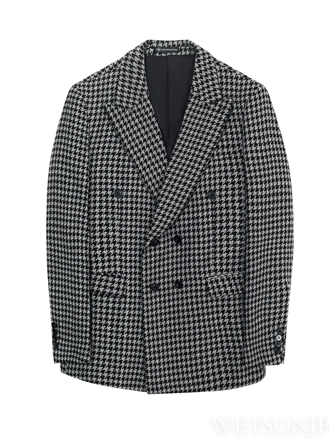 Double-breasted black and white checked men's blazer for a sophisticated business or formal look.