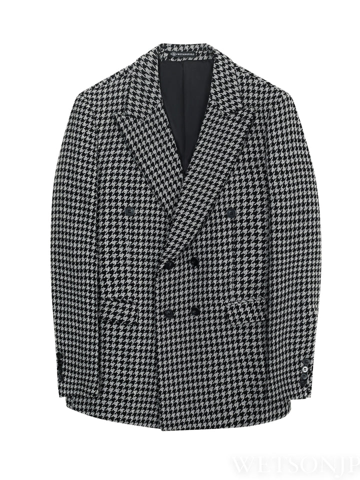 Double-breasted black and white checked men's blazer for a sophisticated business or formal look.