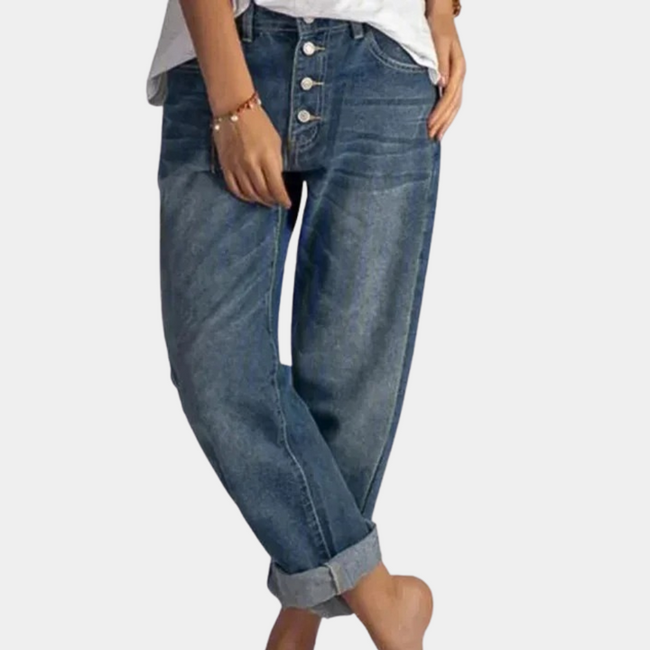 Flattering high-waist women's fashion jeans in blue. Modern denim for a comfortable & stylish everyday look.