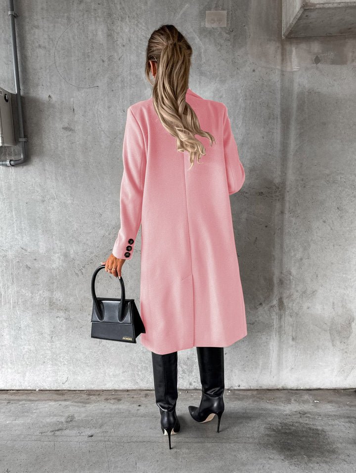 Women's elegant long winter coat, Vivienne style. Comfortable button-closure outerwear, perfect for cold weather fashion.