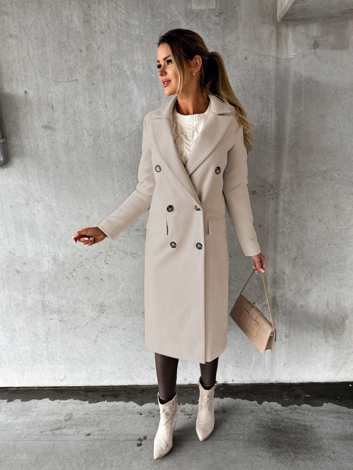 Elegant women's long winter coat with button closure. Perfect for cold fall & winter fashion, comfortable & warm.