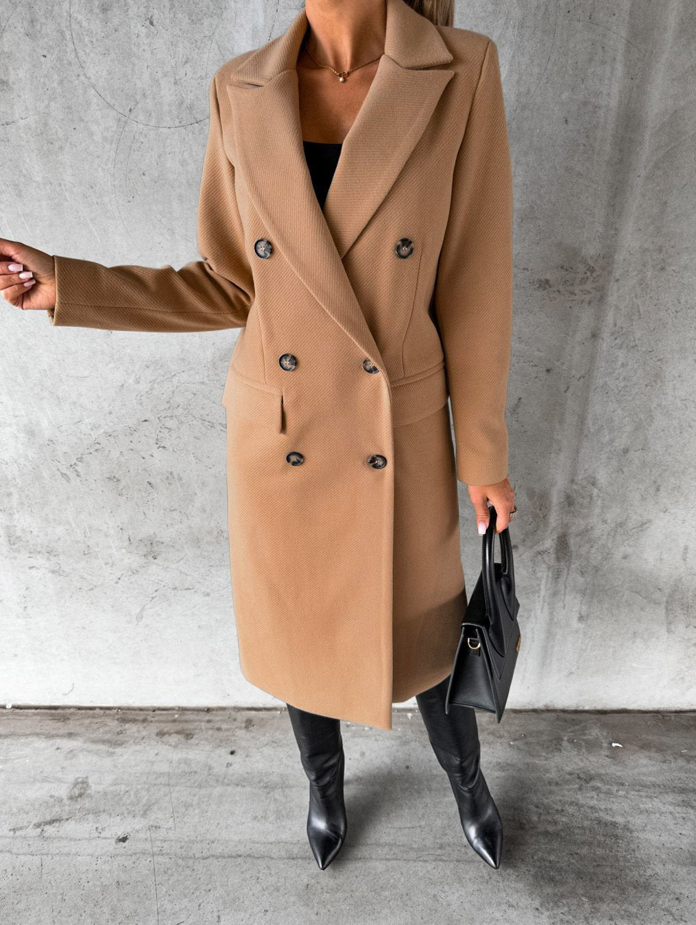Elegant women's long winter coat by Vivienne, perfect for stylish fall & winter comfort. Cozy hooded outerwear.