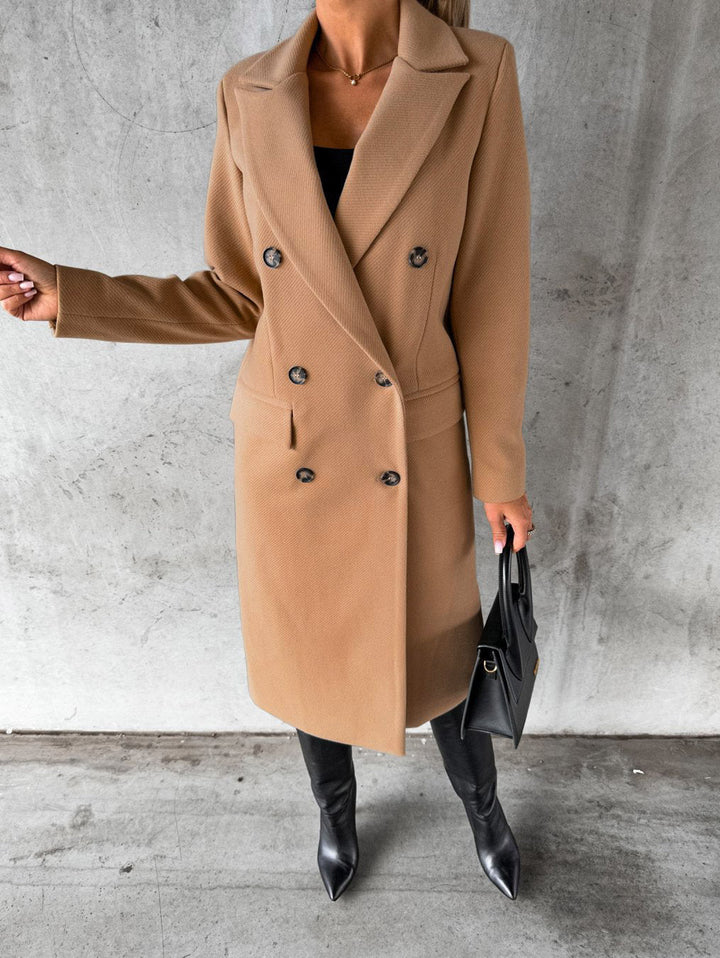 Elegant women's long winter coat by Vivienne, perfect for stylish fall & winter comfort. Cozy hooded outerwear.