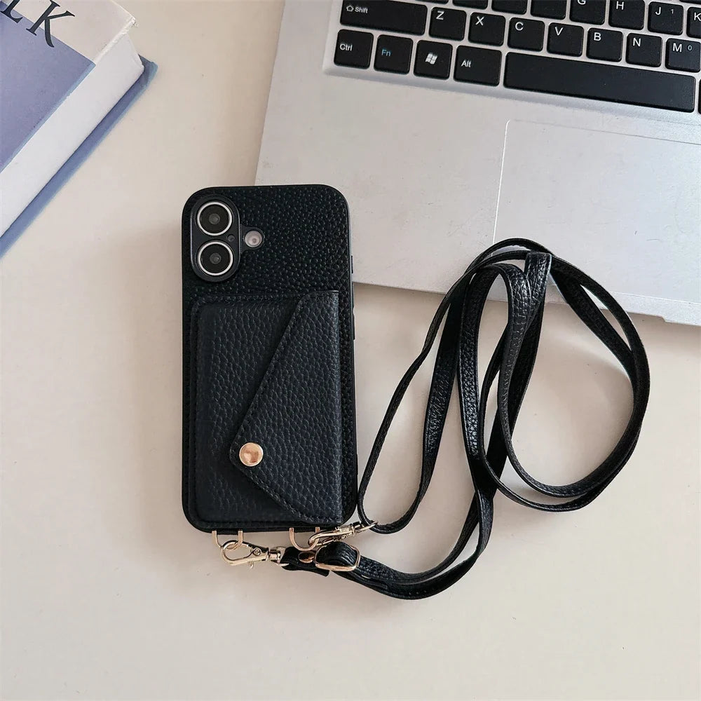 Stylish iPhone lanyard wallet case with detachable strap in vegan leather, perfect for hands-free carrying.