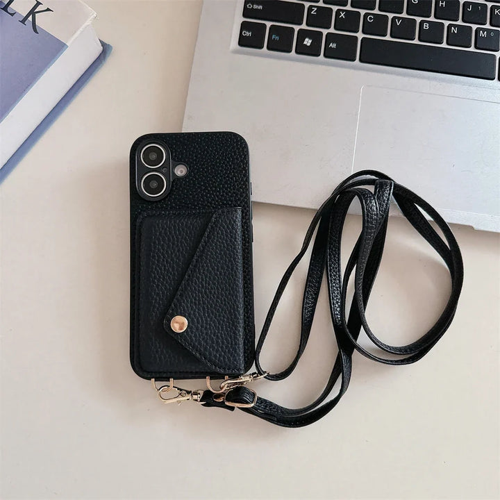 Stylish iPhone lanyard wallet case with detachable strap in vegan leather, perfect for hands-free carrying.