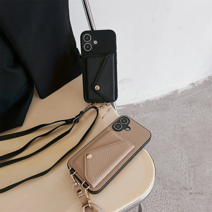 Premium iPhone protective case with detachable shoulder strap and built-in wallet for daily essentials.