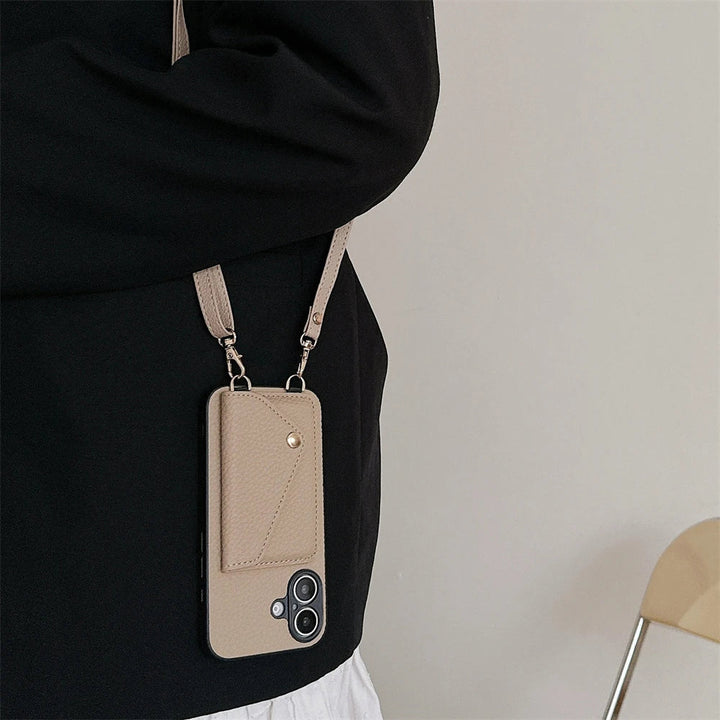 Sleek iPhone lanyard case in a fashionable color, offering secure phone carrying and storage for cards.