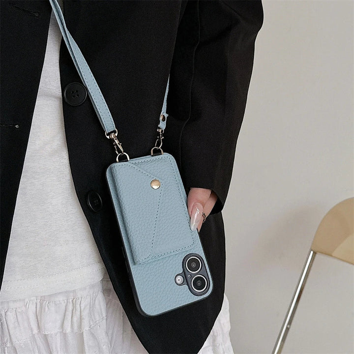 Lightweight iPhone wallet case with a sturdy detachable strap, perfect for travel and daily errands.