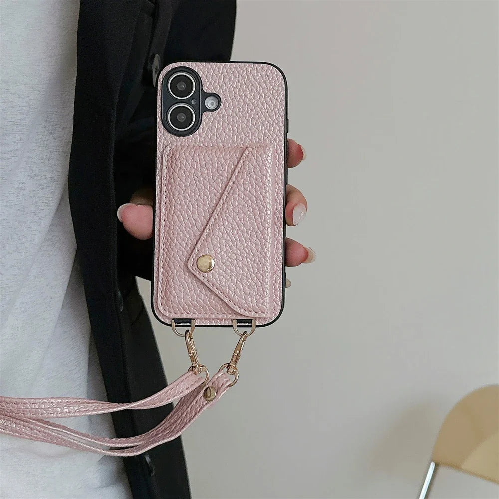 Stylish iPhone accessory: a vegan leather wallet case with a hands-free lanyard and card storage.