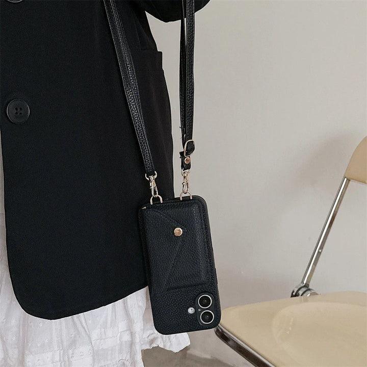 Durable iPhone protective cover with a convenient detachable lanyard and integrated card holder.