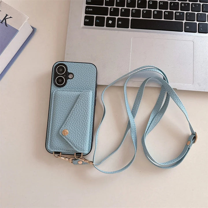 Black vegan leather iPhone wallet case with lanyard strap and card holder for ultimate mobile convenience.