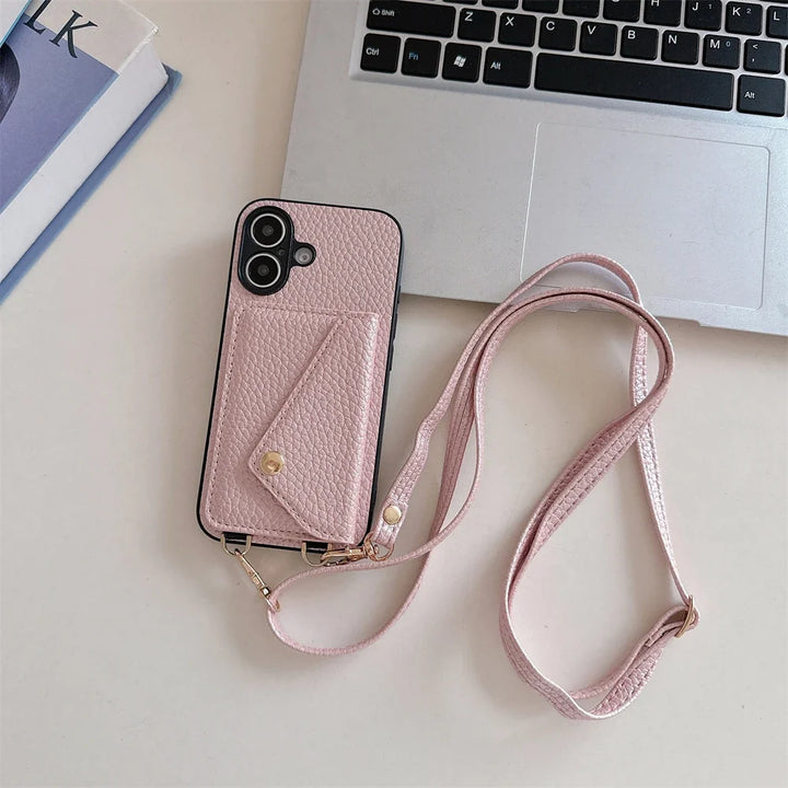Hands-free iPhone protective case featuring a detachable cross-body strap and integrated card slots.