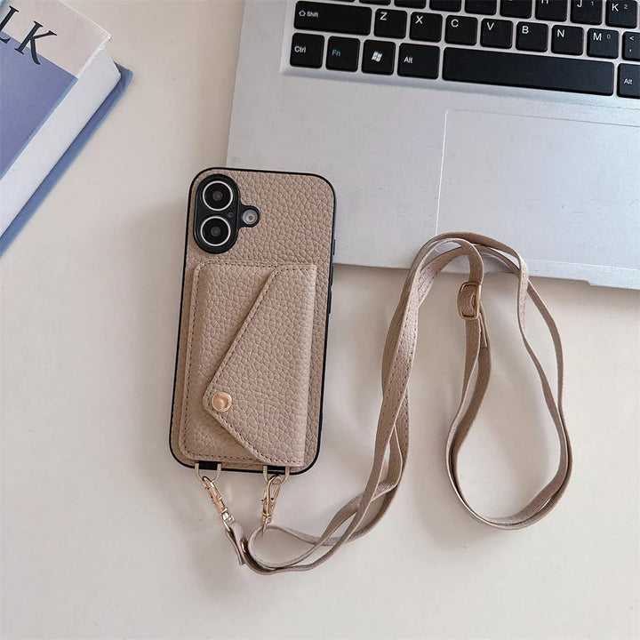 Elegant iPhone lanyard case in a smooth vegan leather finish, offering both style and secure phone holding.