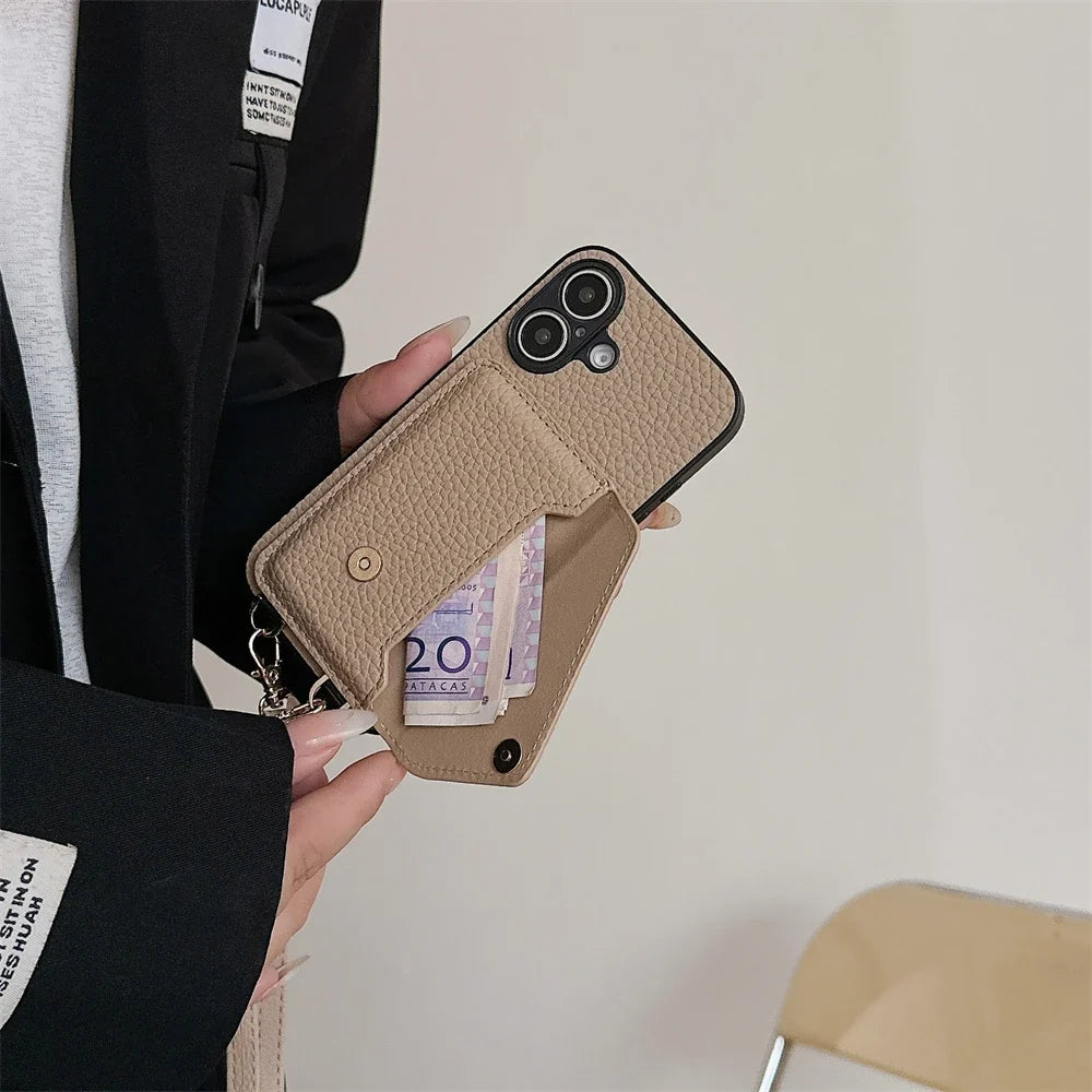 Modern iPhone holder and card case with a long, adjustable lanyard strap for secure and stylish wear.