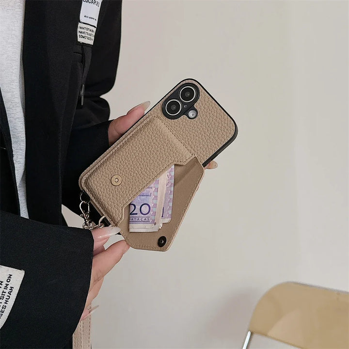 Modern iPhone holder and card case with a long, adjustable lanyard strap for secure and stylish wear.