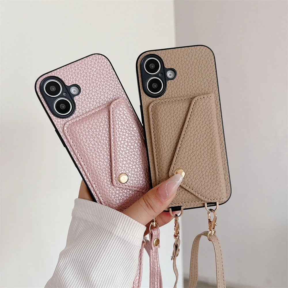 Vegan leather iPhone case with a strong lanyard for hands-free use, protecting your phone and cards.