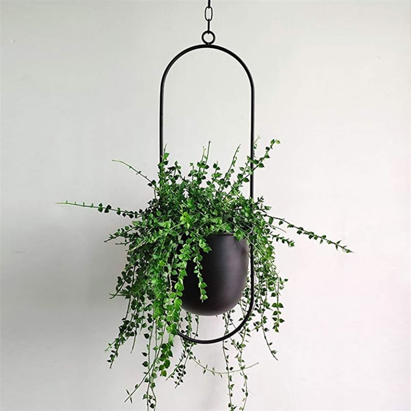 Modern minimalist metal hanging planter for indoor plants, adding a touch of elegance.