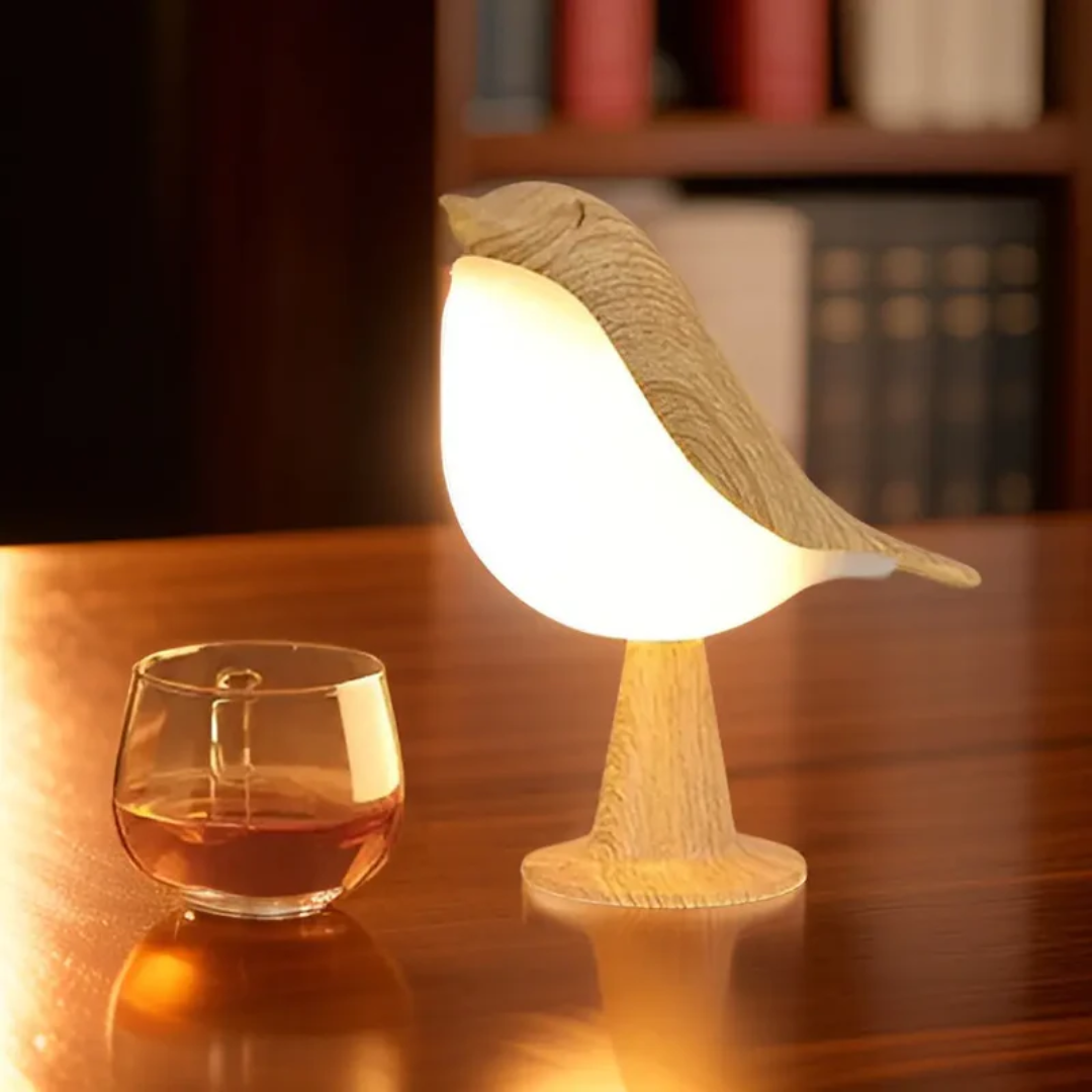 FeatherGlow LED bird lamp: A cordless, rechargeable mood light with touch dimming & essential oil diffuser.