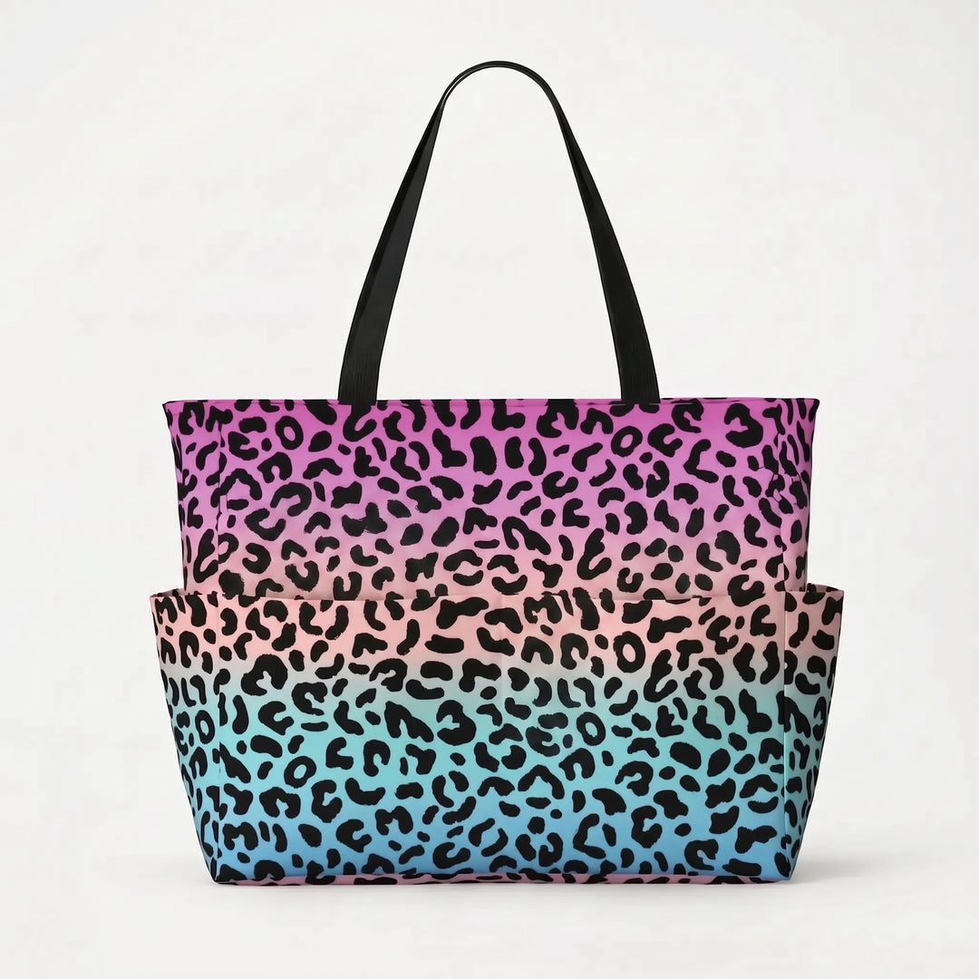 Leopard print women's travel tote, a large and durable beach bag designed for practical style.
