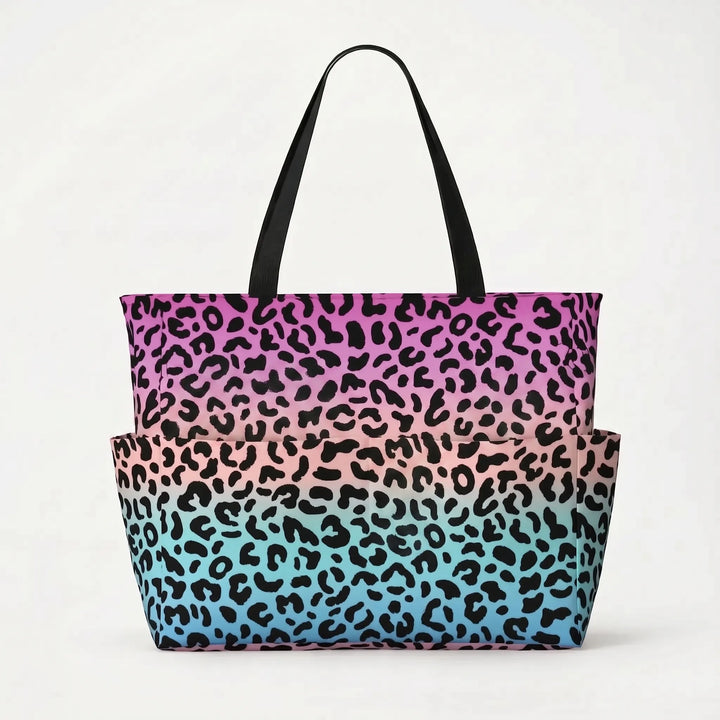 Leopard print women's travel tote, a large and durable beach bag designed for practical style.