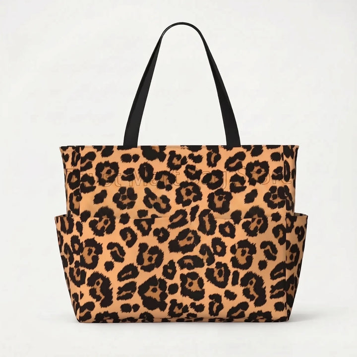 Stylish women's leopard print tote bag, versatile for beach, travel, or everyday use, with a roomy design.