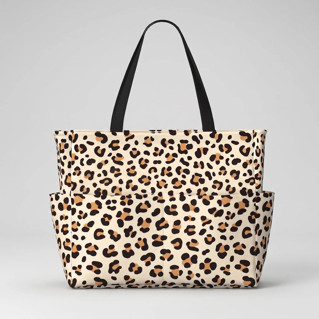 Organized leopard print tote bag for women, spacious enough for all your beach and summer necessities.