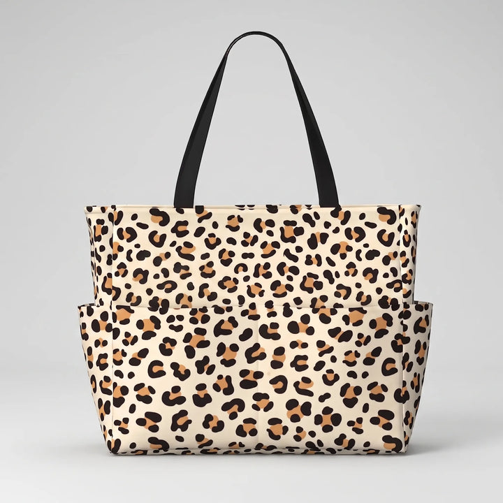 Organized leopard print tote bag for women, spacious enough for all your beach and summer necessities.
