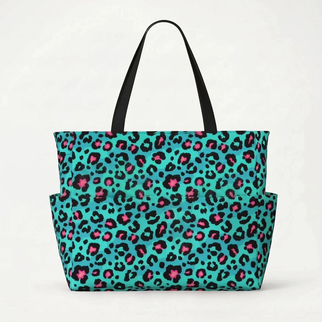 Full view of the chic leopard print beach tote, a large and stylish shoulder bag for women.