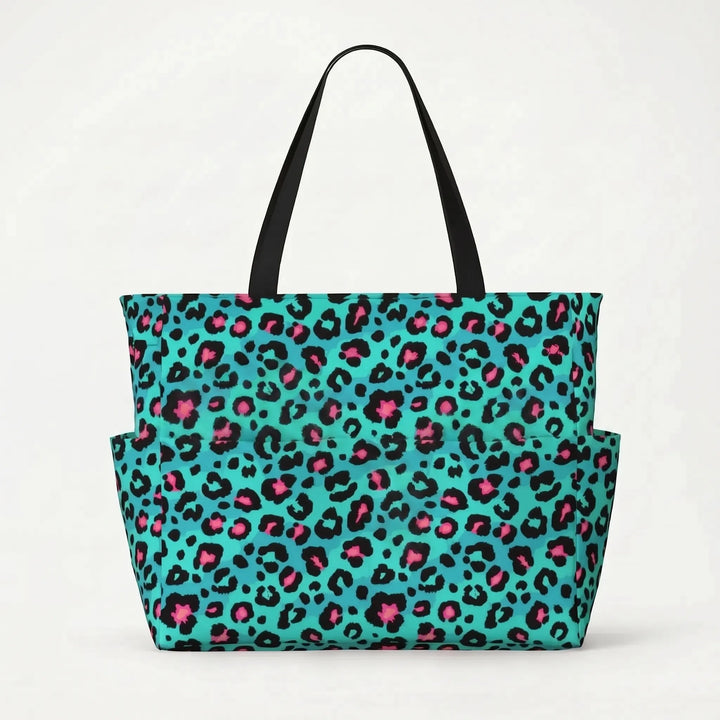 Full view of the chic leopard print beach tote, a large and stylish shoulder bag for women.