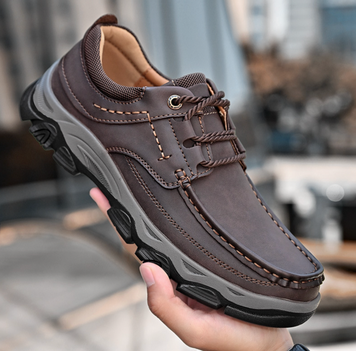 Fashionable light brown orthopedic men's shoes, delivering stylish comfort and foot support.