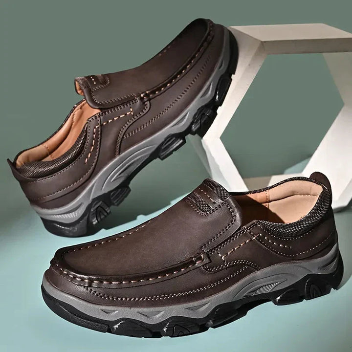Comfortable brown men's orthopedic dress shoes with excellent arch support.