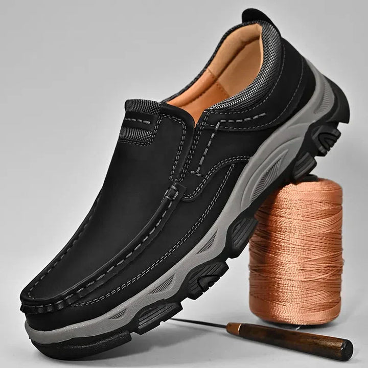 Light brown men's orthopedic walking shoes, designed for all-day comfort and stability.