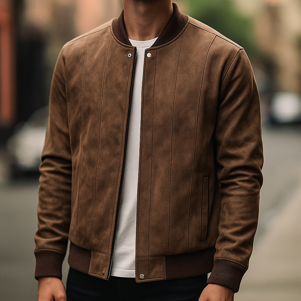Stylish man wears a classic black bomber jacket, perfect for fall fashion and versatile layering outerwear.