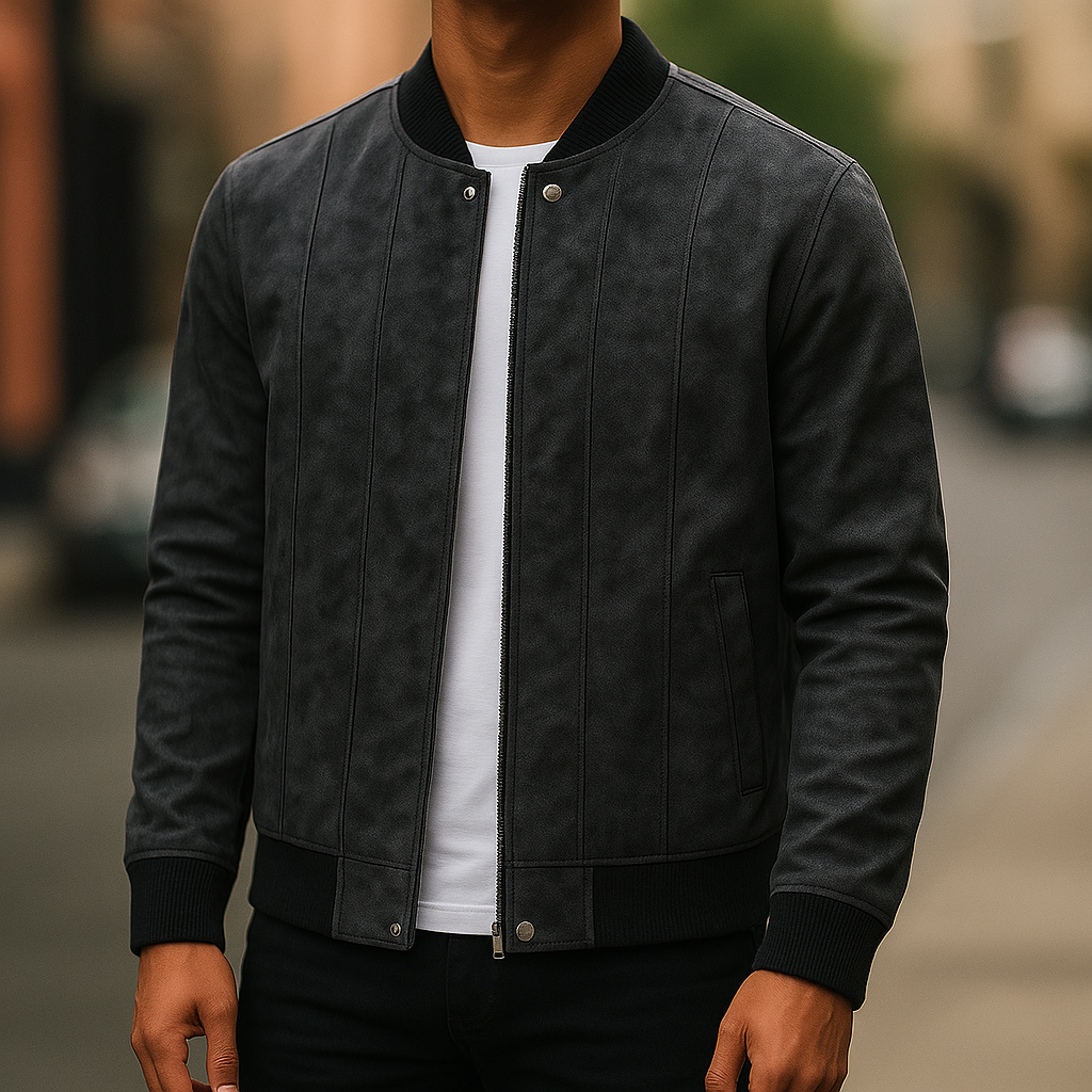 Close-up of a men's classic bomber jacket, showing quality zip closure and ribbed collar detail.