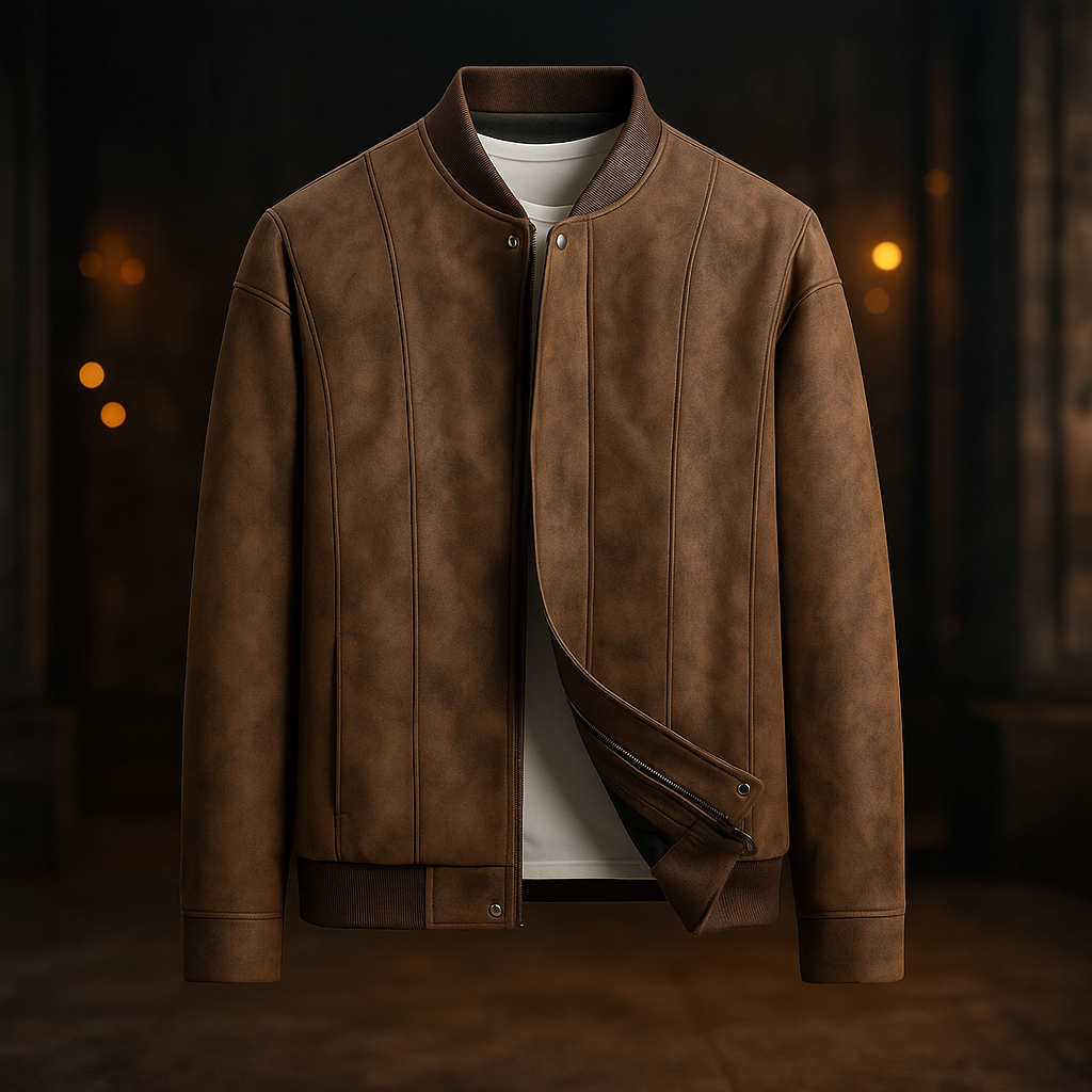 Textured men's bomber jacket fabric, showcasing durability and comfort fit for casual outerwear.