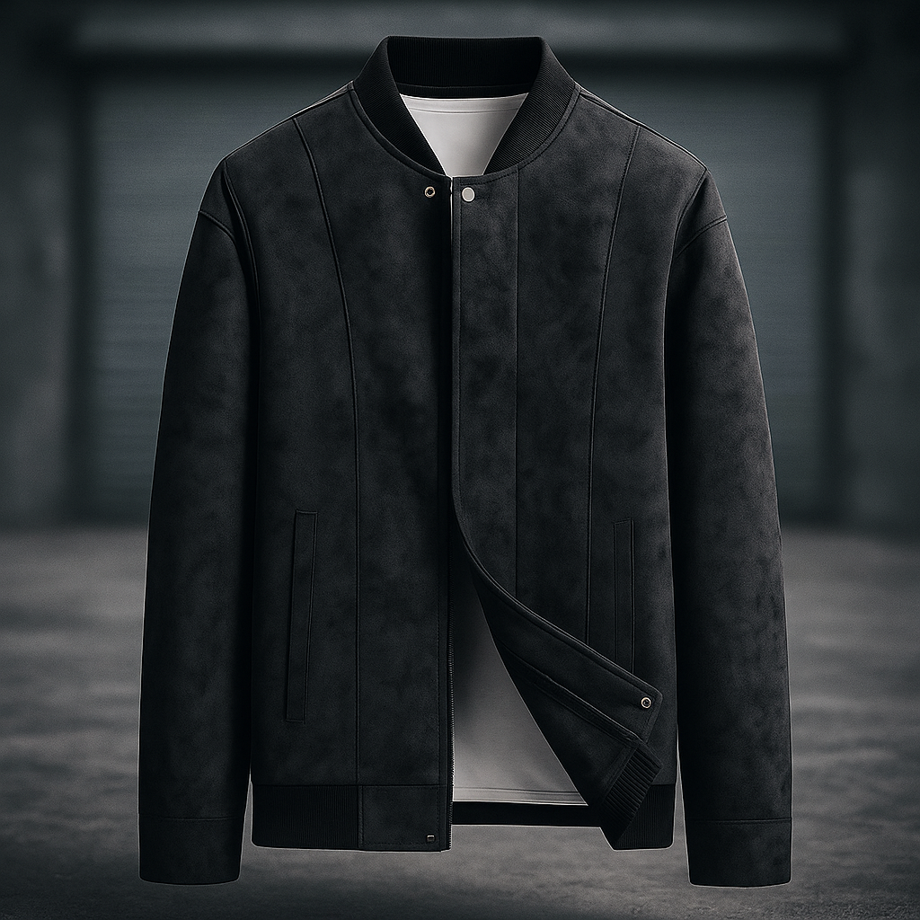 Back view of a sleek men's classic bomber jacket, highlighting the casual fit and long sleeve design.